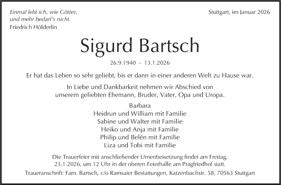 Traueranzeige von Sigurd Bartsch von Stuttgarter Zeitung / Stuttgarter Nachrichten