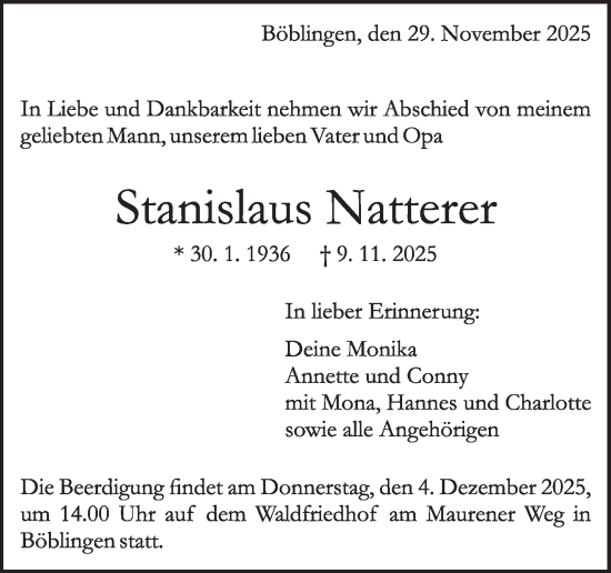 Traueranzeige von Stanislaus Natterer von Kreiszeitung Böblinger Bote