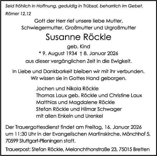 Traueranzeige von Susanne Röckle von Stuttgarter Zeitung / Stuttgarter Nachrichten