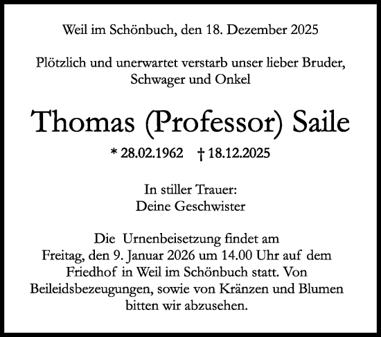 Traueranzeige von Thomas Saile von Kreiszeitung Böblinger Bote
