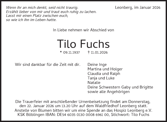 Traueranzeige von Tilo Fuchs von Leonberger Kreiszeitung / Strohgäu Extra