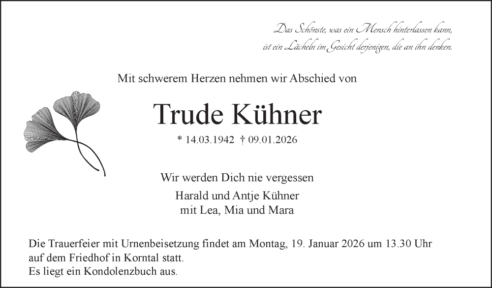  Traueranzeige für Trude Kühner vom 15.01.2026 aus Leonberger Kreiszeitung / Strohgäu Extra