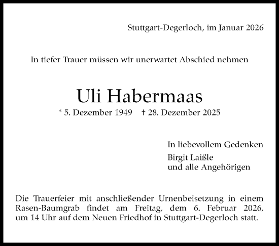 Traueranzeige von Uli Habermaas von Stuttgarter Zeitung / Stuttgarter Nachrichten