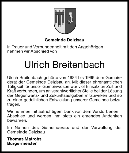 Traueranzeige von Ulrich Breitenbach von Eßlinger Zeitung