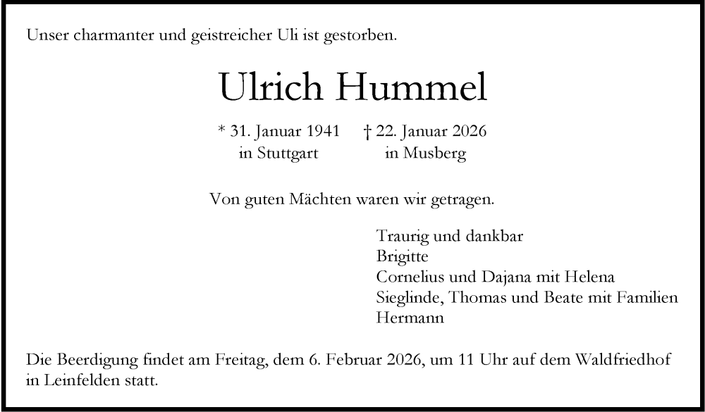  Traueranzeige für Ulrich Hummel vom 31.01.2026 aus Stuttgarter Zeitung / Stuttgarter Nachrichten