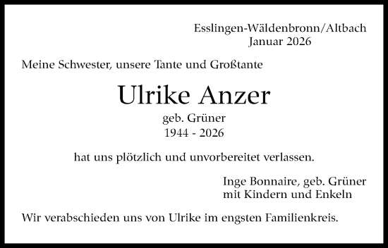Traueranzeige von Ulrike Anzer von Eßlinger Zeitung