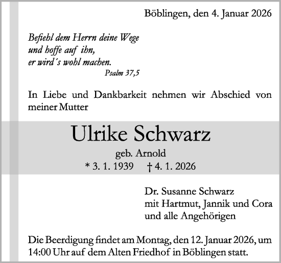 Traueranzeige von Ulrike Schwarz von Kreiszeitung Böblinger Bote