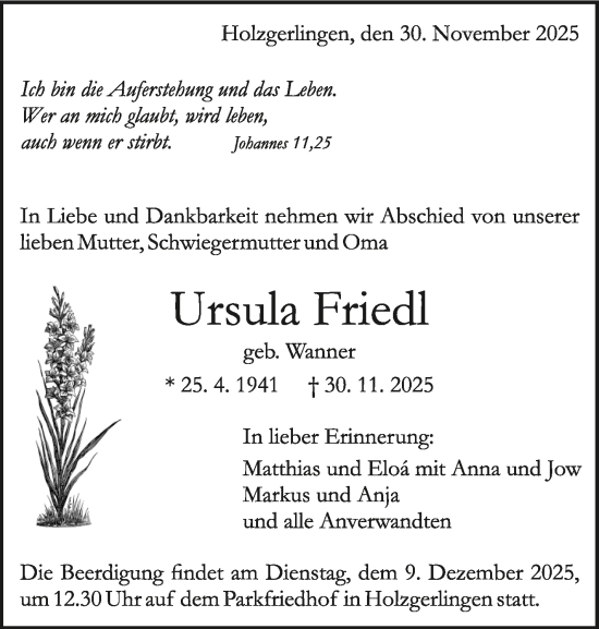 Traueranzeige von Ursula Friedl von Kreiszeitung Böblinger Bote