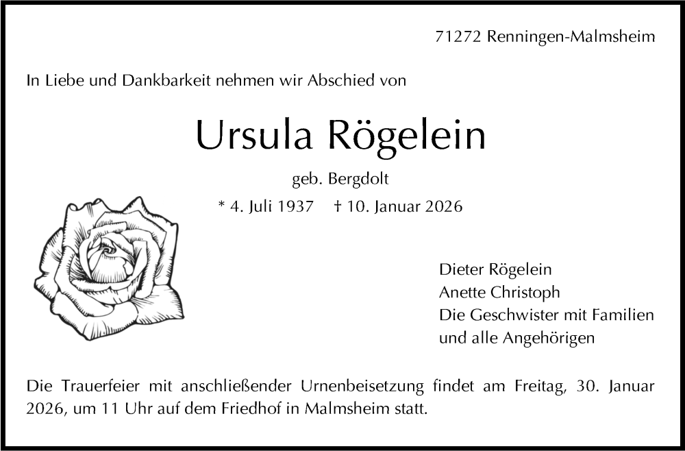  Traueranzeige für Ursula Rögelein vom 24.01.2026 aus Stuttgarter Zeitung / Stuttgarter Nachrichten