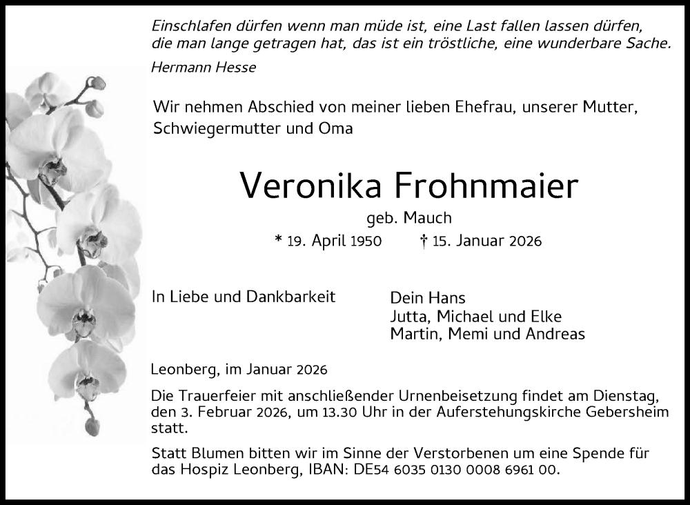  Traueranzeige für Veronika Frohnmaier vom 30.01.2026 aus Leonberger Kreiszeitung / Strohgäu Extra