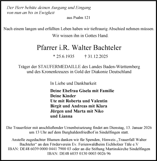 Traueranzeige von Walter Bachteler von Kreiszeitung Böblinger Bote
