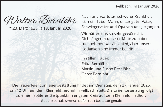 Traueranzeige von Walter Bernlöhr von Stuttgarter Zeitung / Stuttgarter Nachrichten