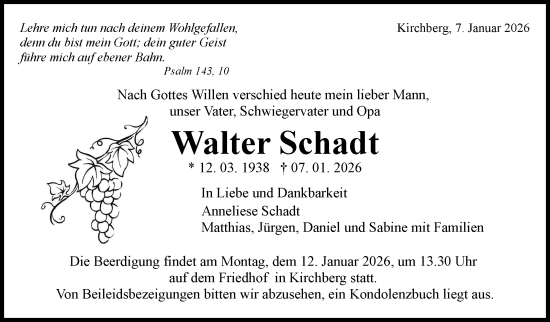 Traueranzeige von Walter Schadt von Marbacher Zeitung