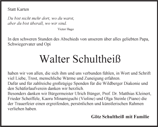 Traueranzeige von Walter Schultheiß von Stuttgarter Zeitung / Stuttgarter Nachrichten