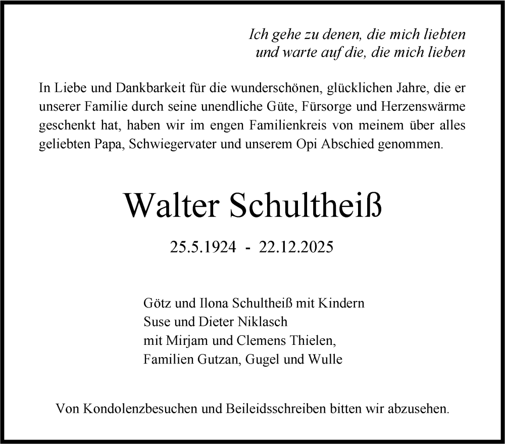  Traueranzeige für Walter Schultheiß vom 05.01.2026 aus Stuttgarter Zeitung / Stuttgarter Nachrichten
