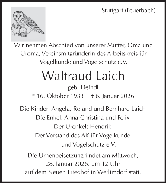 Traueranzeige von Waltraud Laich von Stuttgarter Zeitung / Stuttgarter Nachrichten
