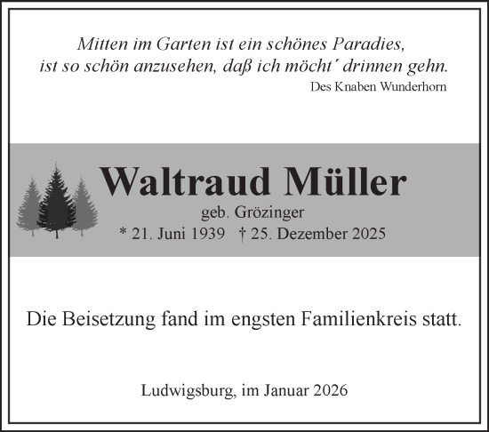 Traueranzeige von Waltraud Müller von Stuttgarter Zeitung / Stuttgarter Nachrichten