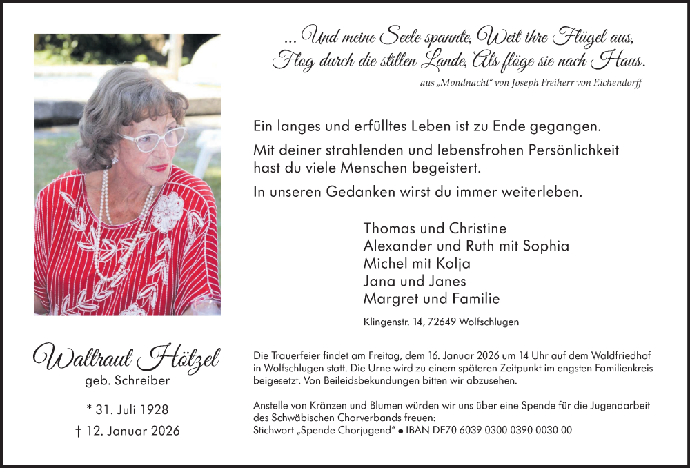 Traueranzeige für Waltraut Hötzel vom 15.01.2026 aus Eßlinger Zeitung