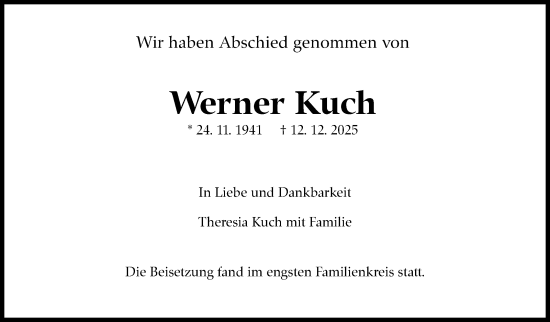 Traueranzeige von Werner Kuch von Stuttgarter Zeitung / Stuttgarter Nachrichten