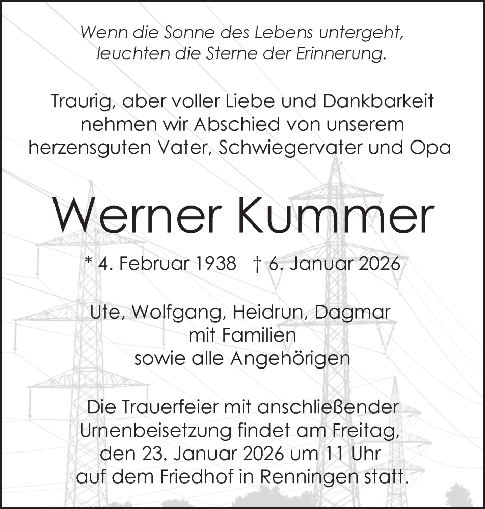  Traueranzeige für Werner Kummer vom 16.01.2026 aus Leonberger Kreiszeitung / Strohgäu Extra