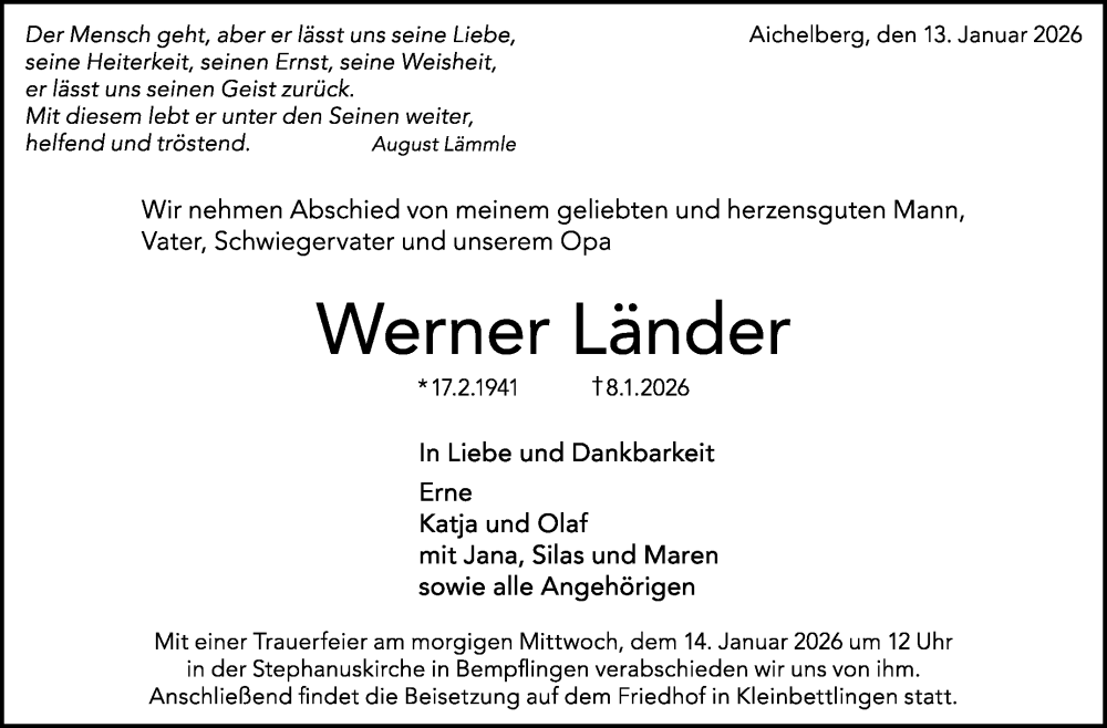  Traueranzeige für Werner Länder vom 13.01.2026 aus Eßlinger Zeitung