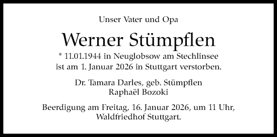 Traueranzeige von Werner Stümpflen von Stuttgarter Zeitung / Stuttgarter Nachrichten