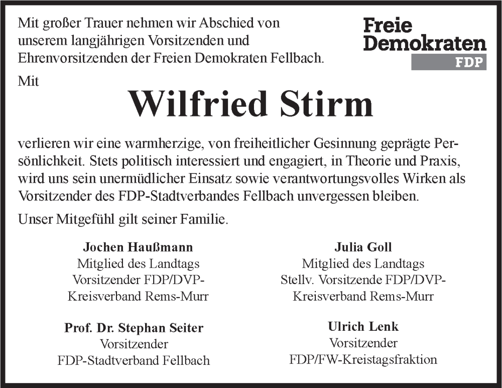  Traueranzeige für Wilfried Stirm vom 23.01.2026 aus Stuttgarter Zeitung / Stuttgarter Nachrichten