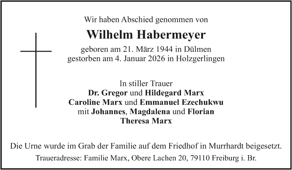  Traueranzeige für Wilhelm Habermeyer vom 31.01.2026 aus Kreiszeitung Böblinger Bote