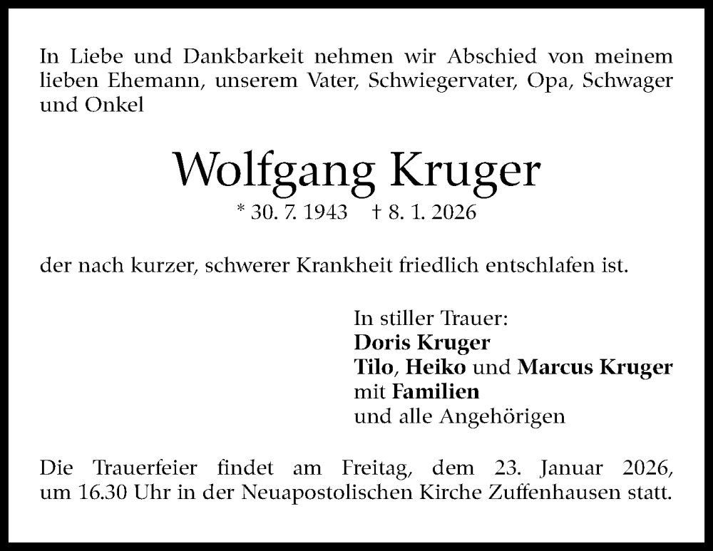  Traueranzeige für Wolfgang Kruger vom 17.01.2026 aus Stuttgarter Zeitung / Stuttgarter Nachrichten