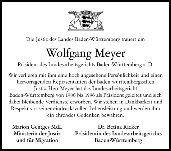 Traueranzeige von Wolfgang Meyer von Stuttgarter Zeitung / Stuttgarter Nachrichten