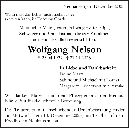 Traueranzeige von Wolfgang Nelson von Eßlinger Zeitung