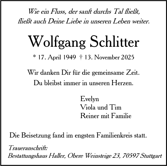 Traueranzeige von Wolfgang Schlitter von Stuttgarter Zeitung / Stuttgarter Nachrichten