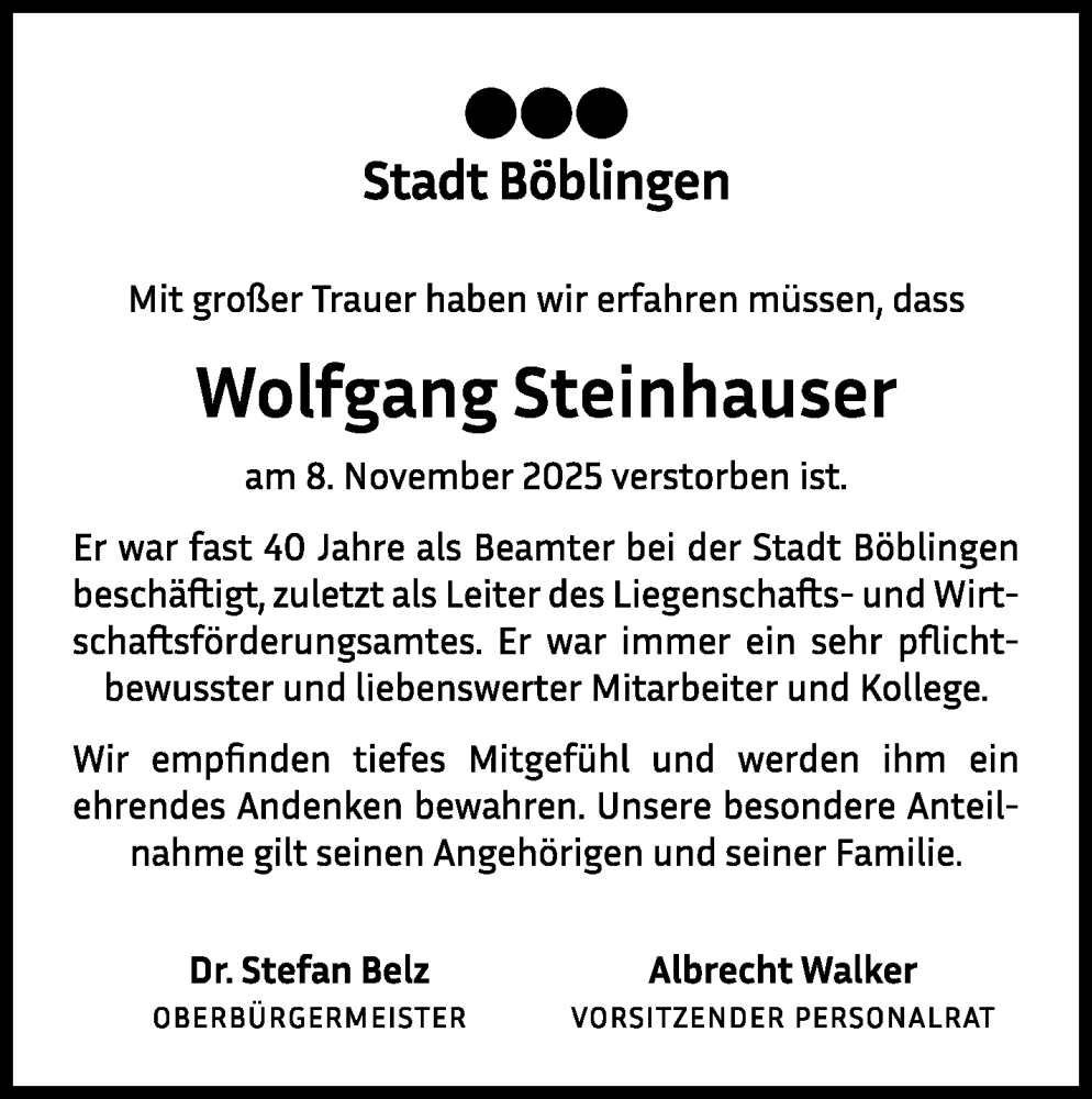  Traueranzeige für Wolfgang Steinhauser vom 15.01.2026 aus Kreiszeitung Böblinger Bote
