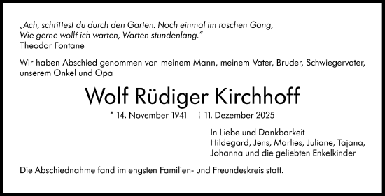 Traueranzeige von Wolf Rüdiger Kirchhoff von Stuttgarter Zeitung / Stuttgarter Nachrichten