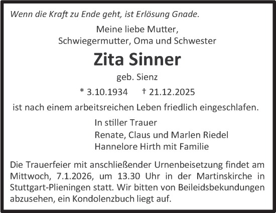 Traueranzeige von Zita Sinner von Stuttgarter Zeitung / Stuttgarter Nachrichten