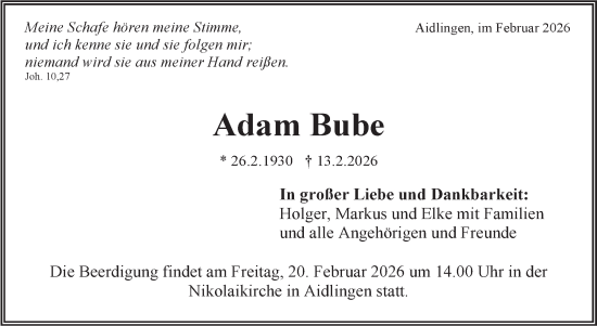 Traueranzeige von Adam Bube von Kreiszeitung Böblinger Bote