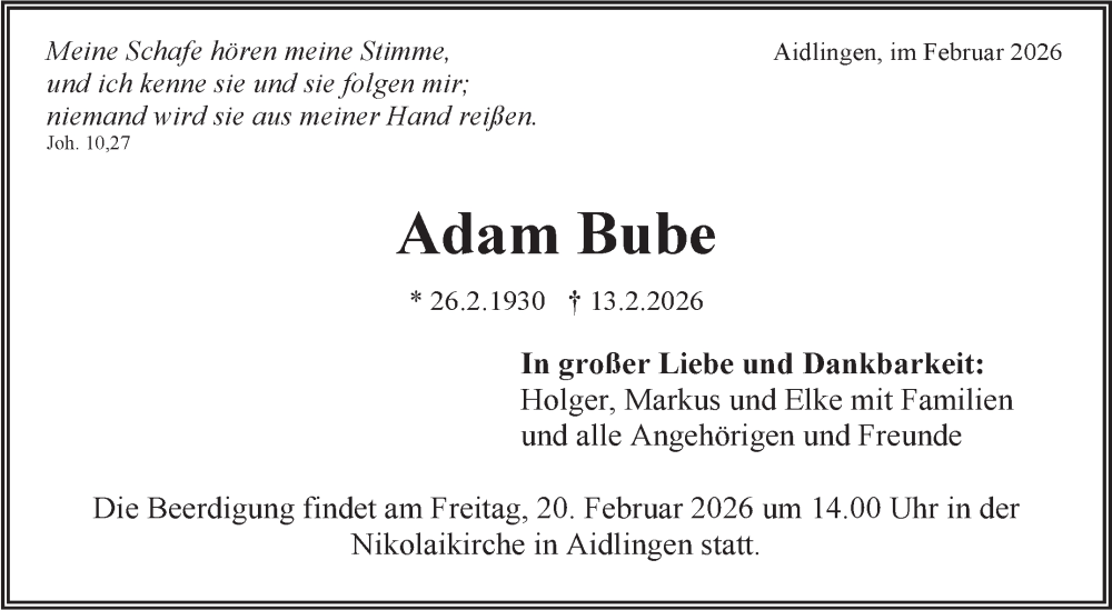  Traueranzeige für Adam Bube vom 18.02.2026 aus Kreiszeitung Böblinger Bote
