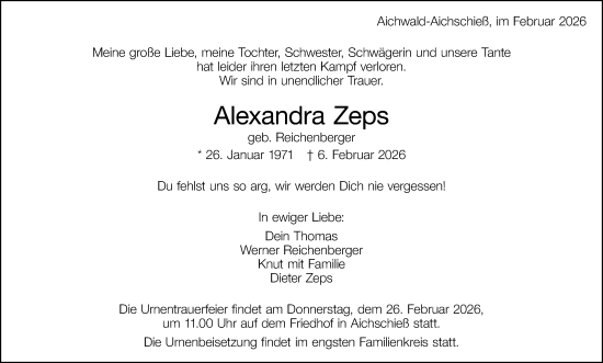 Traueranzeige von Alexandra Zeps von Eßlinger Zeitung