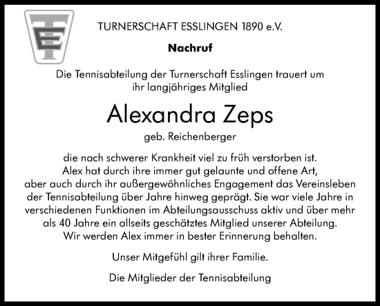 Traueranzeige von Alexandra Zeps von Eßlinger Zeitung