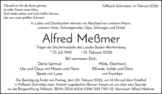 Traueranzeige von Alfred Meßmer von Stuttgarter Zeitung / Stuttgarter Nachrichten