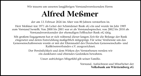 Traueranzeige von Alfred Meßmer von Stuttgarter Zeitung / Stuttgarter Nachrichten