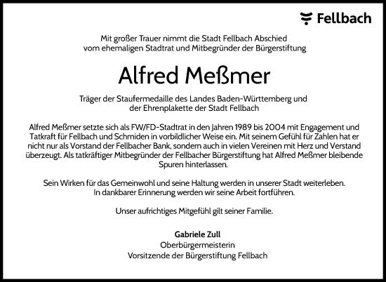Traueranzeige von Alfred Meßmer von Stuttgarter Zeitung / Stuttgarter Nachrichten