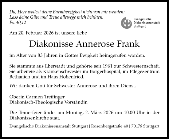 Traueranzeige von Annerose Frank von Stuttgarter Zeitung / Stuttgarter Nachrichten