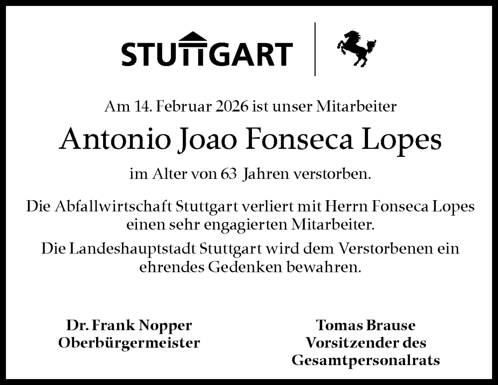  Traueranzeige für Antonio Joao Fonseca Lopes vom 24.02.2026 aus Stuttgarter Zeitung / Stuttgarter Nachrichten