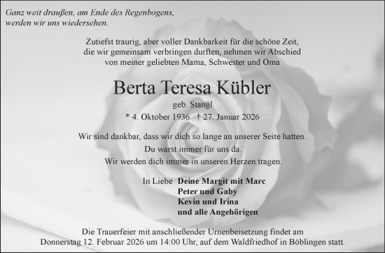 Traueranzeige von Berta Teresa Kübler von Kreiszeitung Böblinger Bote