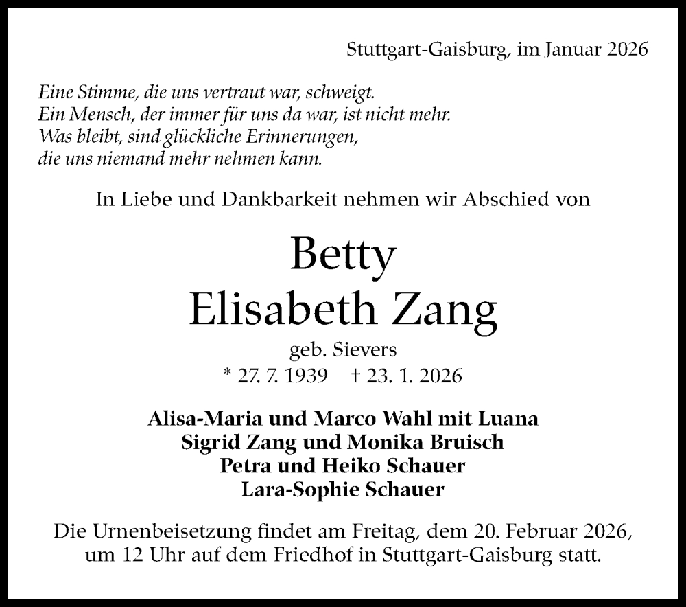  Traueranzeige für Betty Elisabeth Zang vom 07.02.2026 aus Stuttgarter Zeitung / Stuttgarter Nachrichten
