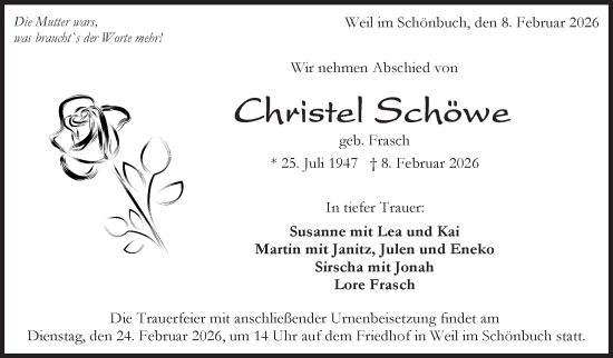 Traueranzeige von Christel Schöwe von Kreiszeitung Böblinger Bote
