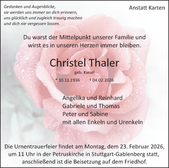 Traueranzeige von Christel Thaler von Stuttgarter Zeitung / Stuttgarter Nachrichten