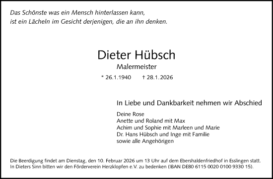 Traueranzeige von Dieter Hübsch von Eßlinger Zeitung