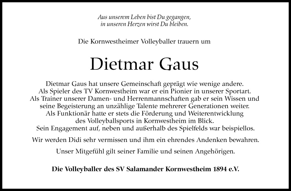  Traueranzeige für Dietmar Gaus vom 18.02.2026 aus Marbacher Zeitung